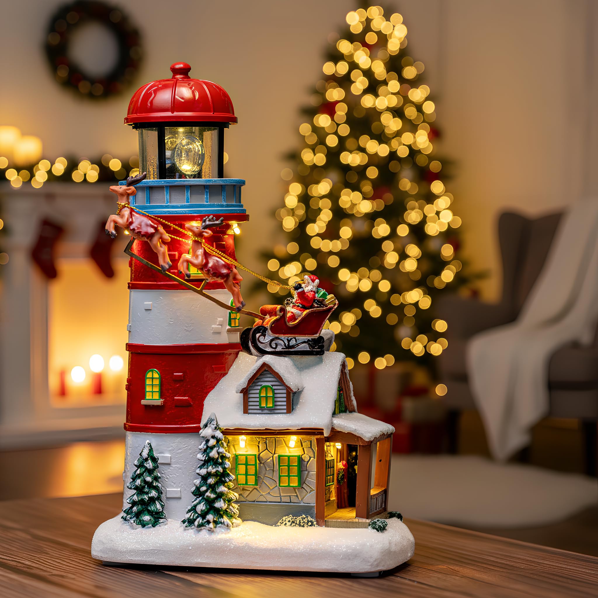 Animated Musical Christmas Village Figurines Christmas Collectibles Statues Church Building and Snowman with Rotating Train LED Lights, Battery & USB Home Decor Gifts Festive Holiday Decorations